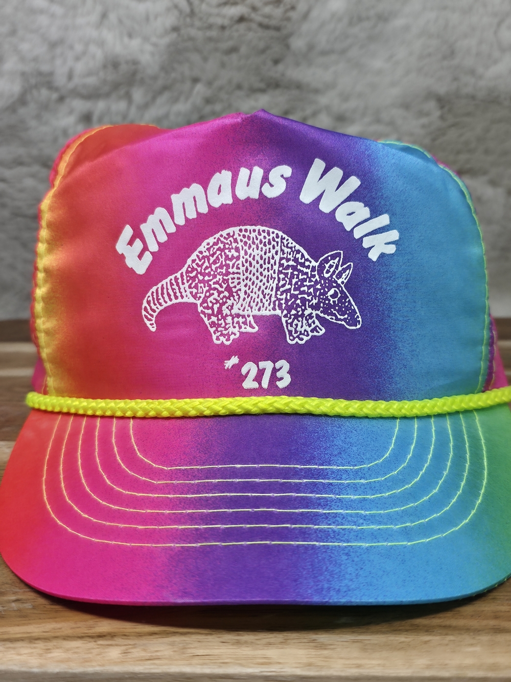 Emmaus Walk Rainbow Trucker Hat with Armadillo Graphic